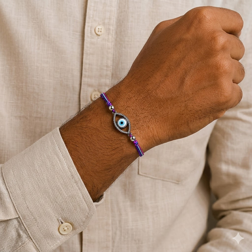 Oval Evil Eye Black Cubic Zirconia Pink Blue White Thread Rakhi For Men