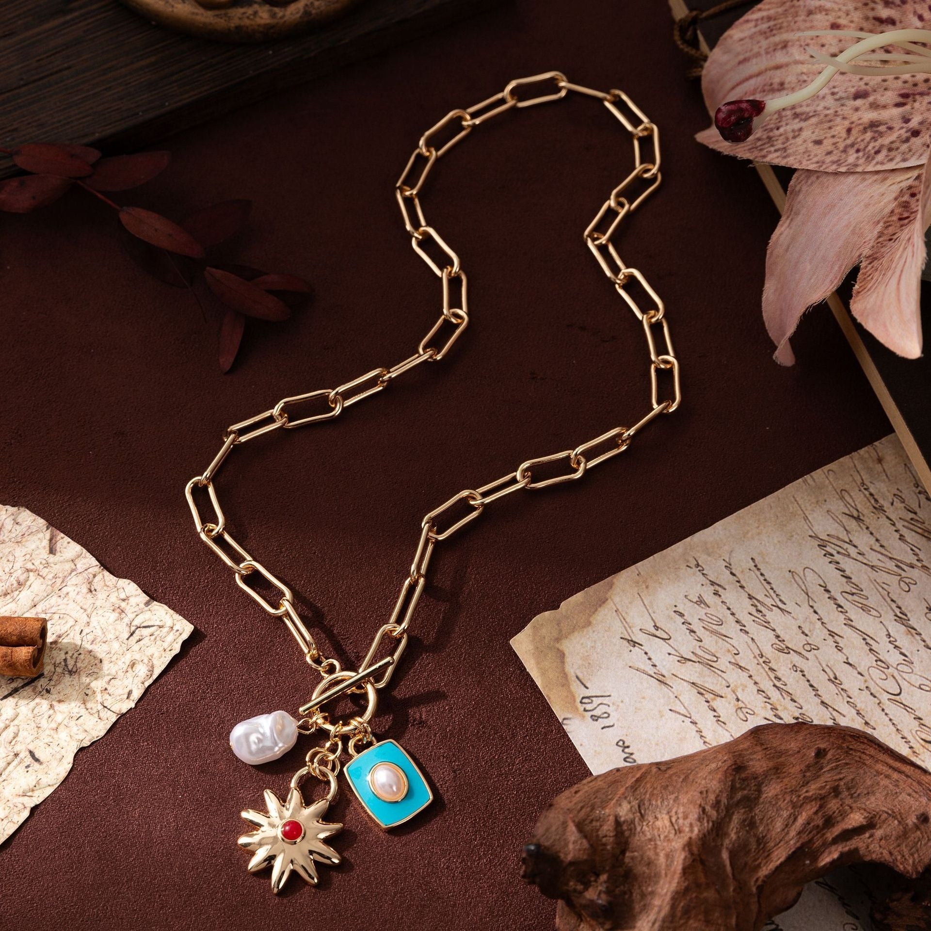 Star Sun 18K Gold Blue Pearl Enamel Anti Tarnish Link Chain Necklace For Women