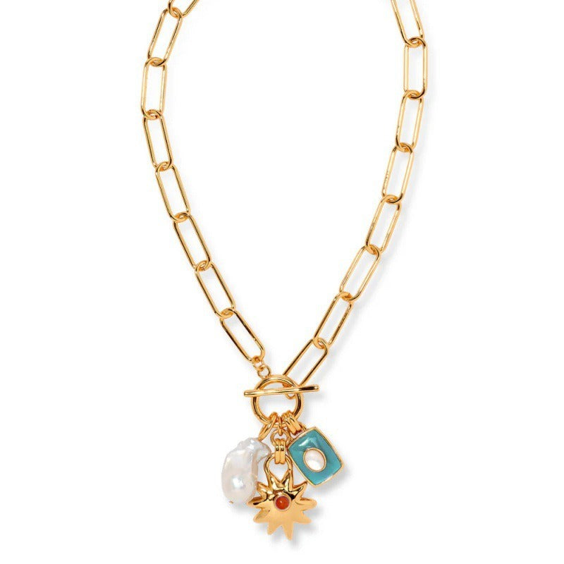Star Sun 18K Gold Blue Pearl Enamel Anti Tarnish Link Chain Necklace For Women