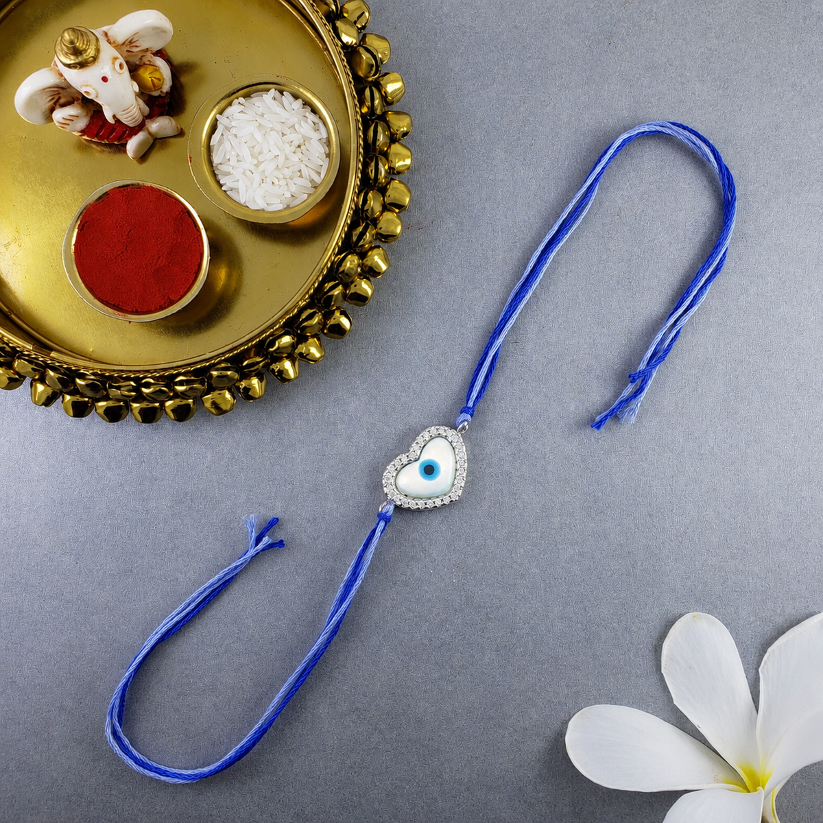 Heart Evil Eye Silver Plated CZ Mother of Pearl Thread Rakhi For Men