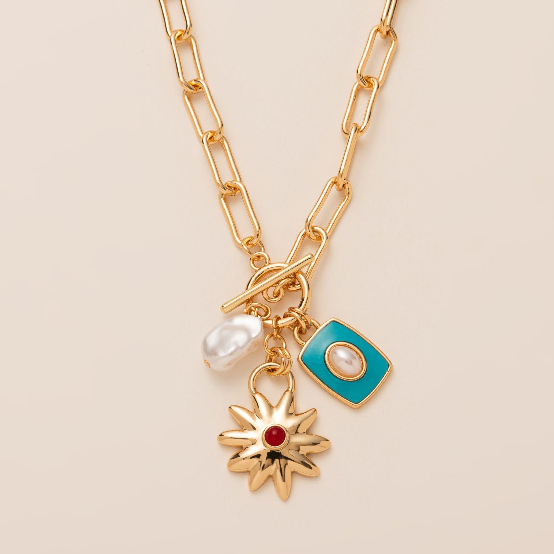 Star Sun 18K Gold Blue Pearl Enamel Anti Tarnish Link Chain Necklace For Women