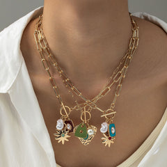 Star Sun 18K Gold Blue Pearl Enamel Anti Tarnish Link Chain Necklace For Women