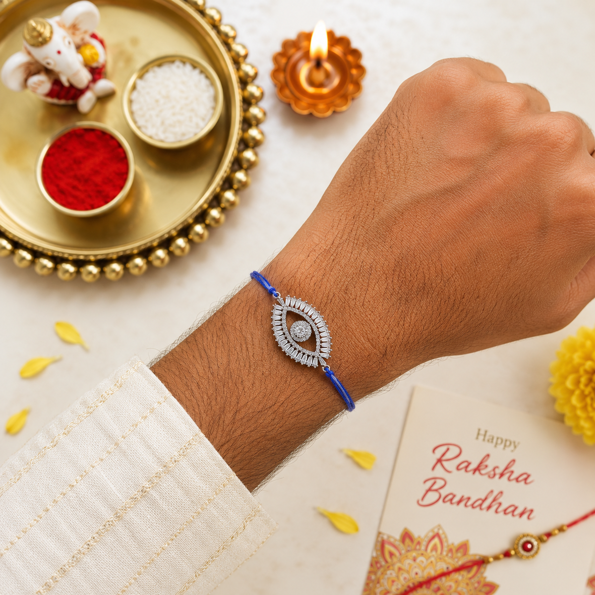 Nazar Protection Evil Eye Silver Plated CZ Blue Thread Rakhi For Men