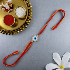 Round Evil Eye Rose Gold Plated CZ Mother of Pearl Thread Rakhi For Men