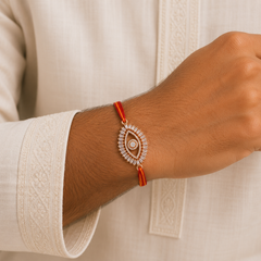 Oval Evil Eye Rose Gold Plated CZ Red Orange Thread Rakhi For Men