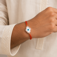 Floral Evil Eye Rose Gold Plated CZ Mother of Pearl Thread Rakhi For Men
