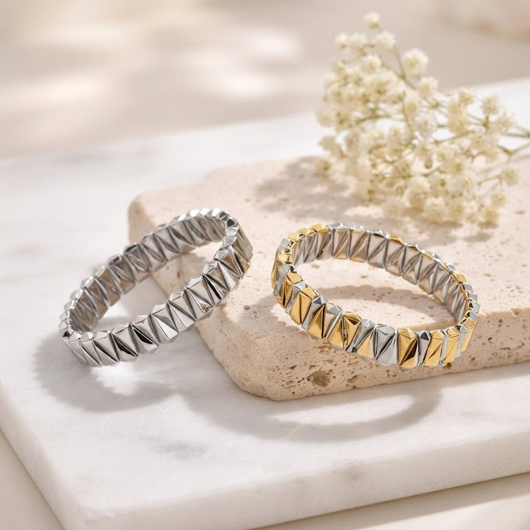 Designer Geometric Stretchable Gold Silver Plated Copper Bracelet