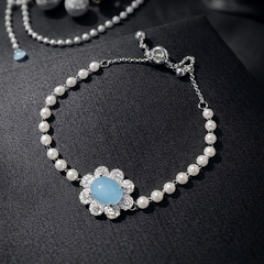 Blue Flower Silver Plated Cubic Zirconia Alloy Bracelet For Women