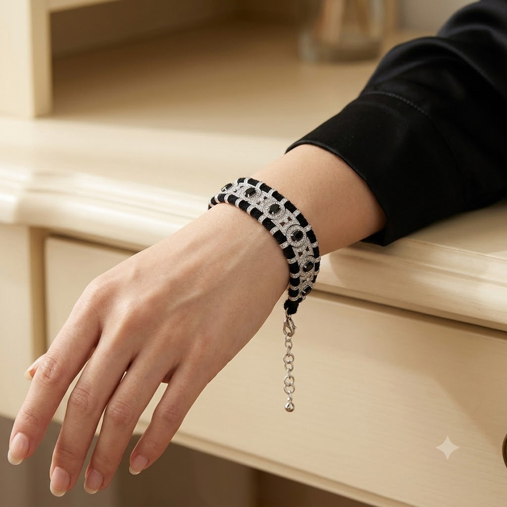 Luxury Silver Plated Black Onyx Rhinestone Embellished Copper Bracelet