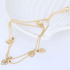 Elegant Gold Plated Triple Heart Charm Beaded Chain Anklets For Women
