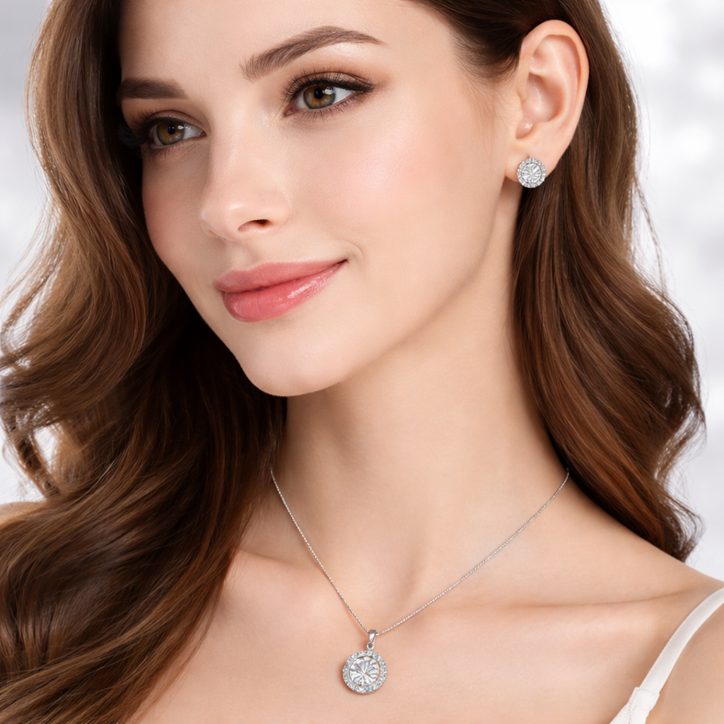 Luxury Round Halo Rose Silver Gold CZ Copper Necklace Earring Set