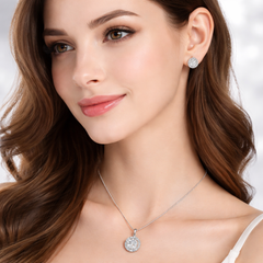 Luxury Round Halo Rose Silver Gold CZ Copper Necklace Earring Set