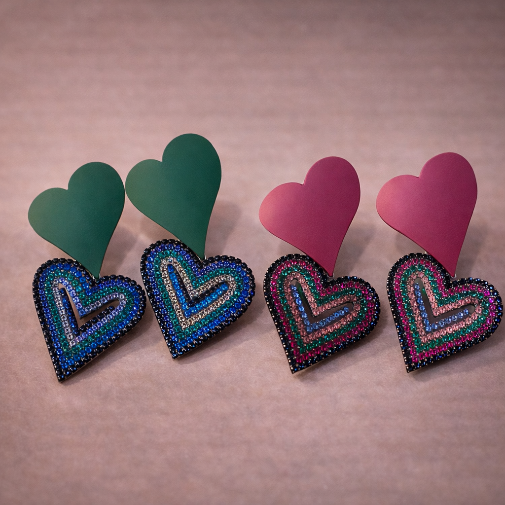 Multi Color Heart Black Rhinestone Alloy Drop Earrings For Women