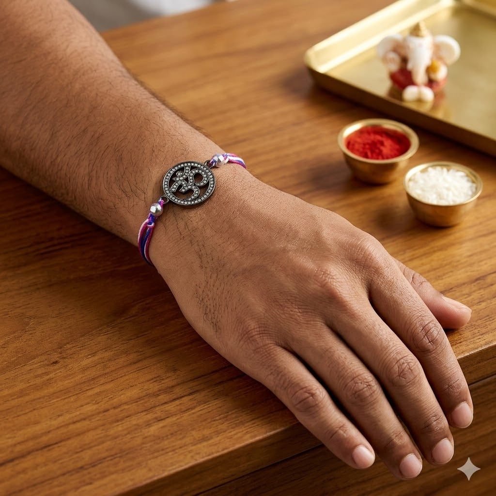 Om Symbol Rakh Black CZ White Blue Pink Thread Rakhi For Men