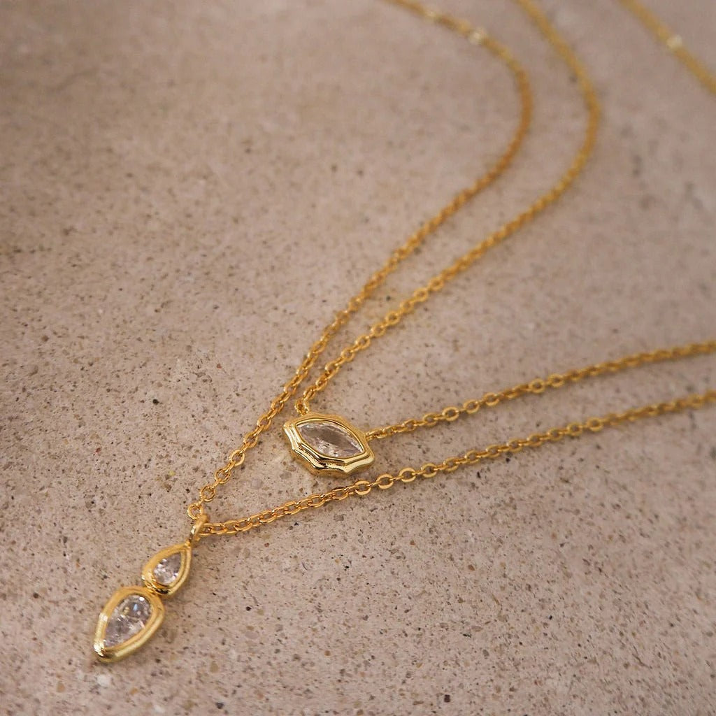 Dual Drop Solitaire Cubic Zirconia 18K Gold Anti Tarnish Necklace Pendant Chain For Women