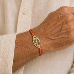 Designer Leaf Style Gold Plated CZ Red Orange Thread Rakhi For Men