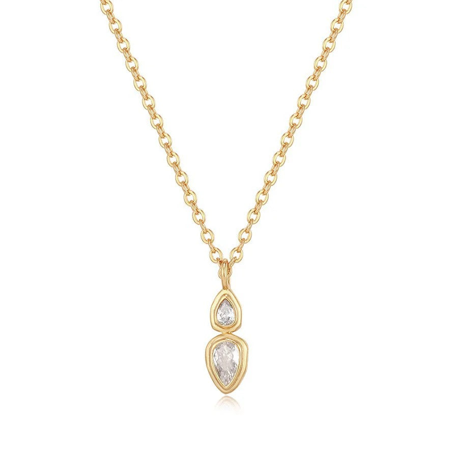 Dual Drop Solitaire Cubic Zirconia 18K Gold Anti Tarnish Necklace Pendant Chain For Women