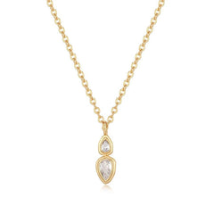 Dual Drop Solitaire Cubic Zirconia 18K Gold Anti Tarnish Necklace Pendant Chain For Women