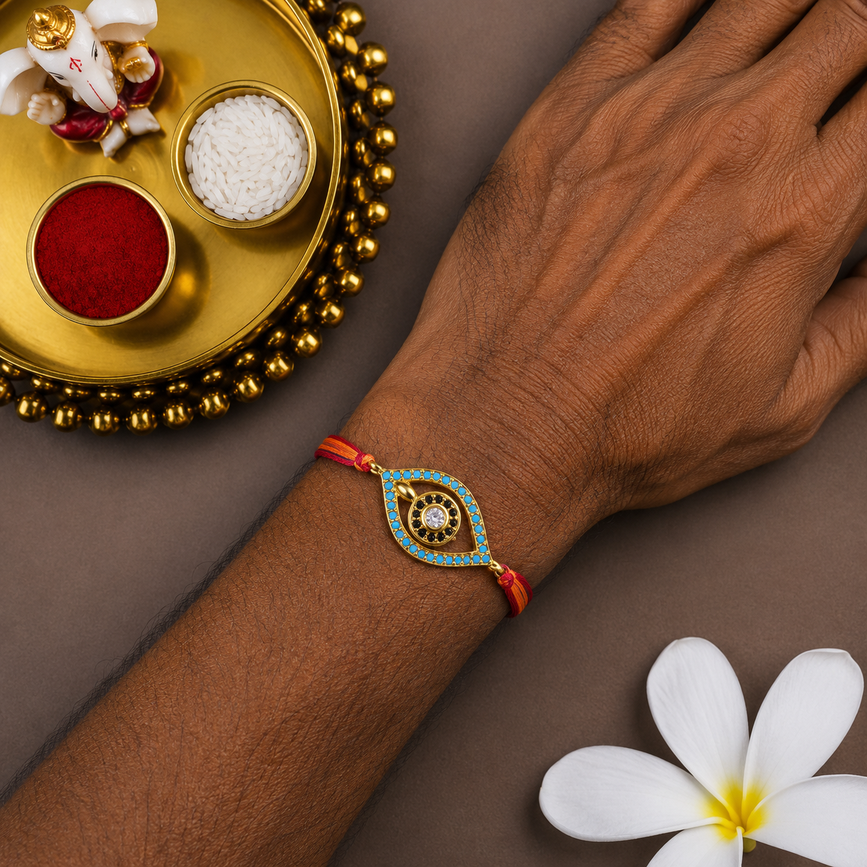 Designer Evil Eye Gold Plated Blue Black CZ Red Orange Thread Rakhi