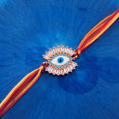 White Evil Eye Rose Gold Plated CZ Red Orange Thread Rakhi For Men