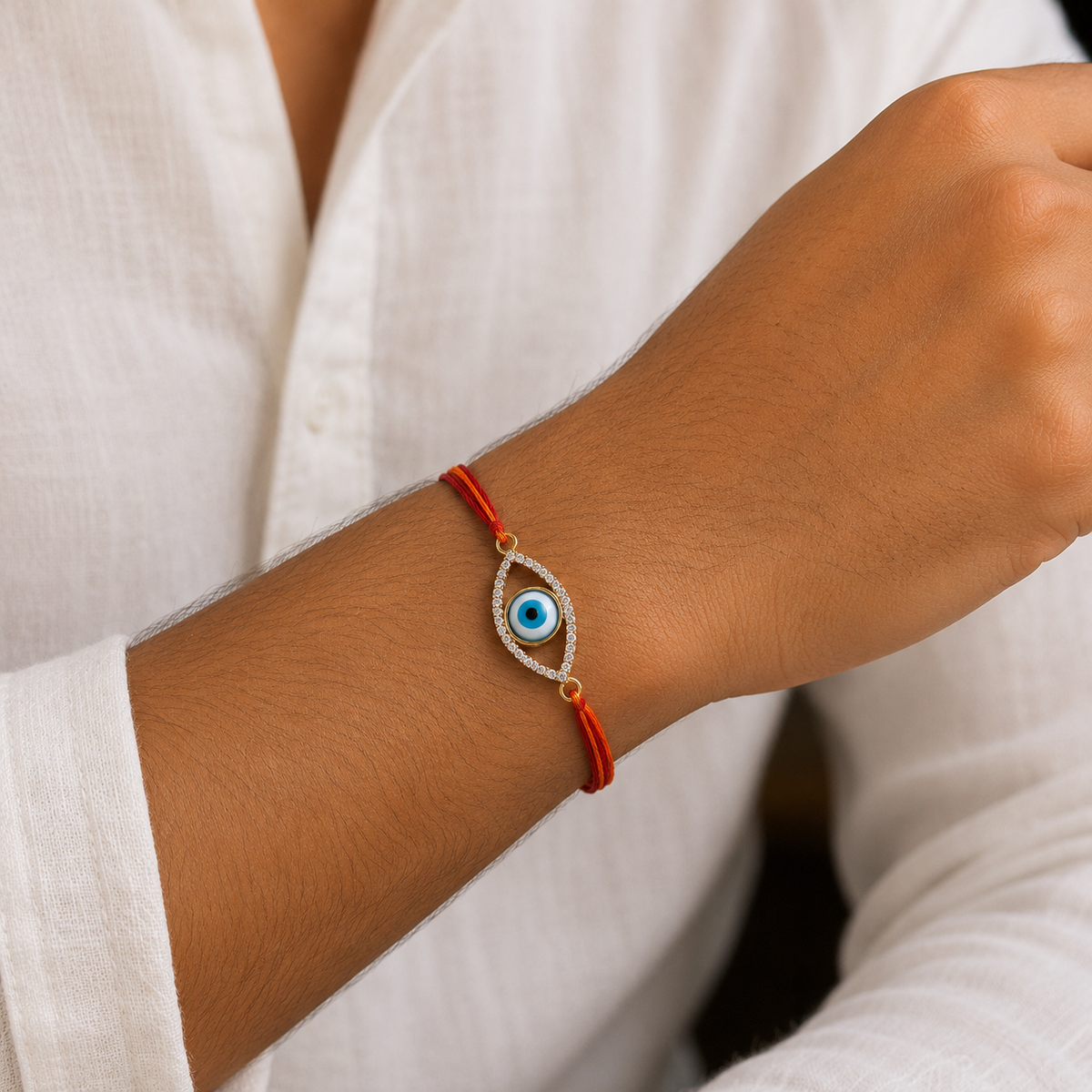 White Blue Oval Evil Eye Gold Plated CZ Red Orange Thread Rakhi For Men