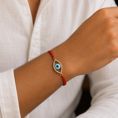 White Blue Oval Evil Eye Gold Plated CZ Red Orange Thread Rakhi For Men