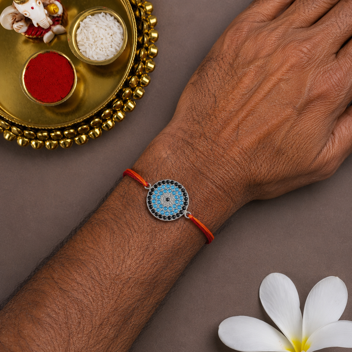 Round Evil Eye Silver Blue Black CZ Red Orange Thread Rakhi For Men