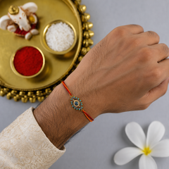 Designer Evil Eye CZ Turquoise Enamel Red Orange Thread Rakhi For Men