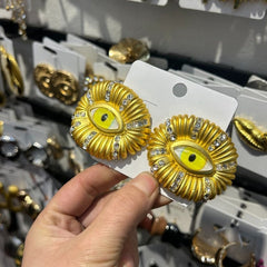 Wide Yellow Evil Eye Cubic Zirconia 18k Gold Stud Earring For Women