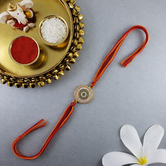 Blue White Round Evil Eye Gold Plated CZ Red Orange Thread Rakhi For Men