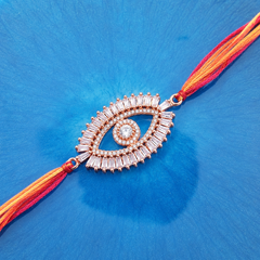 Oval Evil Eye Rose Gold Plated CZ Red Orange Thread Rakhi For Men