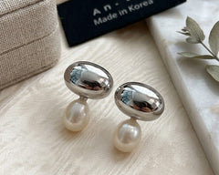 Gold Silver Oval Pearl  Anti Tarnish Copper Drop Earrings For Women