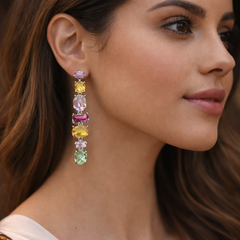 Multi Color Stone Vertical Bar Gold Plated CZ Copper Dangler Earrings