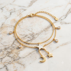 Elegant Gold Plated Celestial Star Moon Layered Chain CZ Anklets