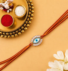 White Evil Eye Rose Gold Plated CZ Red Orange Thread Rakhi For Men