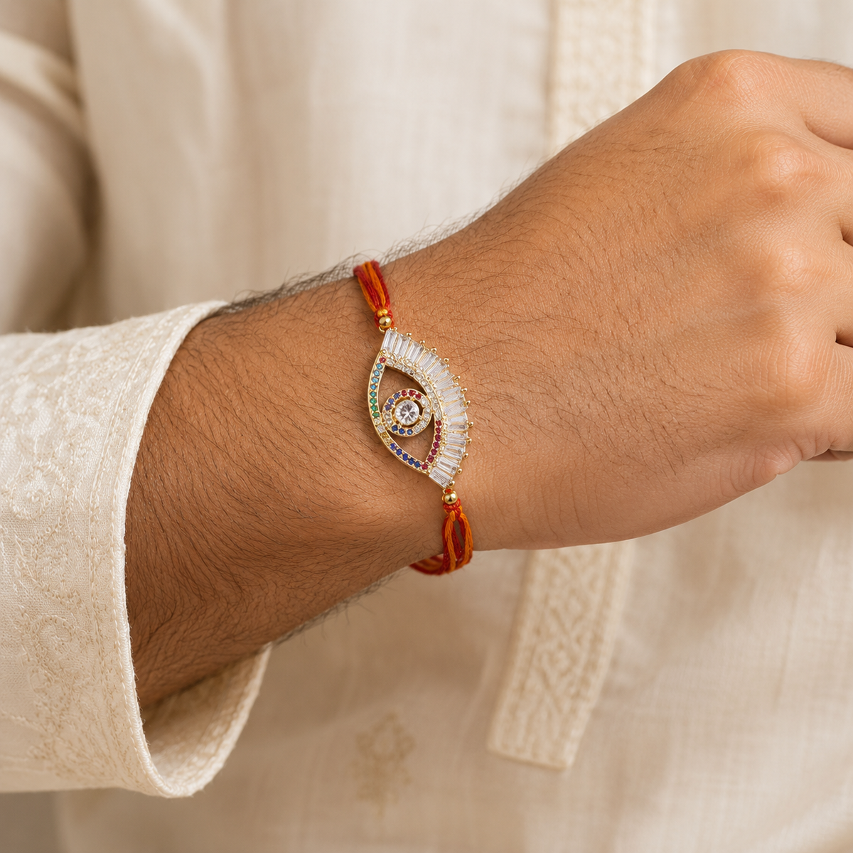 Multi Color Evil Eye Gold Plated CZ Red Orange Thread Rakhi For Men
