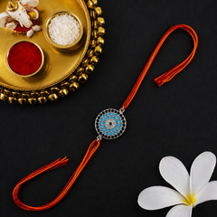 Round Evil Eye Silver Blue Black CZ Red Orange Thread Rakhi For Men