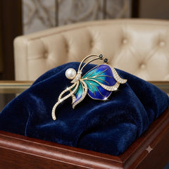 Blue & Green Floral Gold Plated White CZ Enamel Faux Pearl Copper Brooch