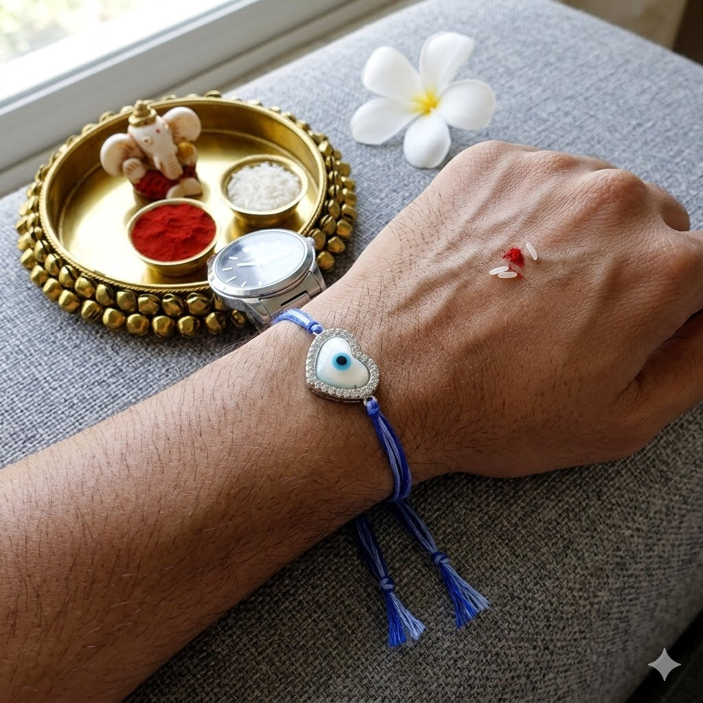 Heart Evil Eye Silver Plated CZ Mother of Pearl Thread Rakhi For Men