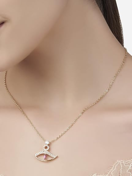 Pink Evil Eye Gold Cubic Zirconia Copper Necklace For Women