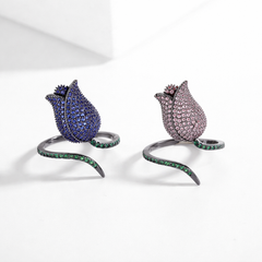 Blue Purple Green Flower Black CZ Copper Adjustable Fancy Ring