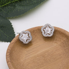 White Floral Star Cut Silver Plated CZ Anti Tarnish Copper Stud Earrings