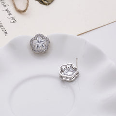 White Floral Star Cut Silver Plated CZ Anti Tarnish Copper Stud Earrings