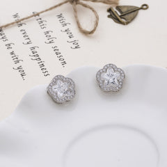 White Floral Star Cut Silver Plated CZ Anti Tarnish Copper Stud Earrings