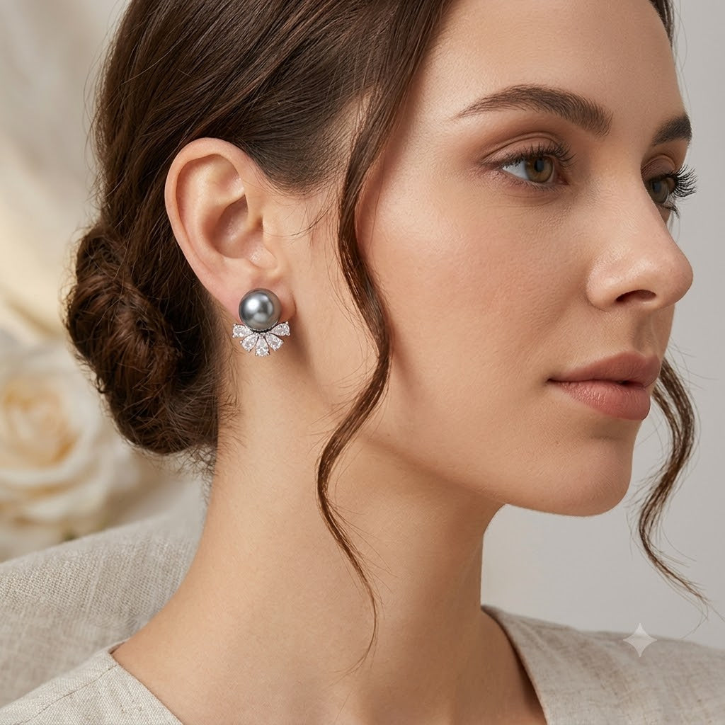 Elegant Fan Design Silver Plated Gray Black Pearl CZ Copper Stud Earrings