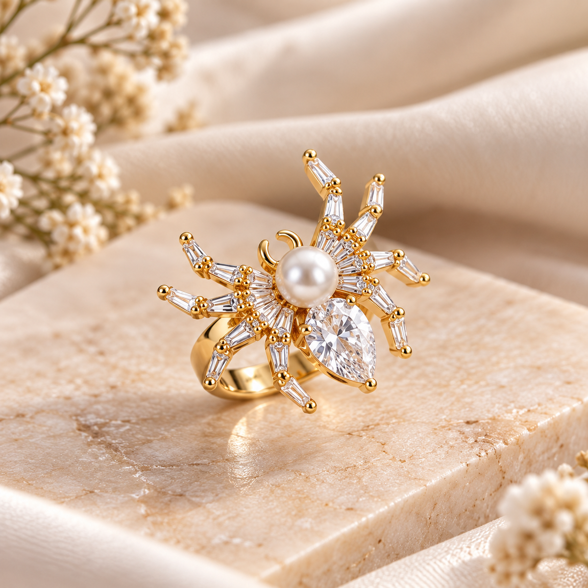 Designer Spider Gold Silver CZ Pearl Copper Cocktail Adjustable Ring