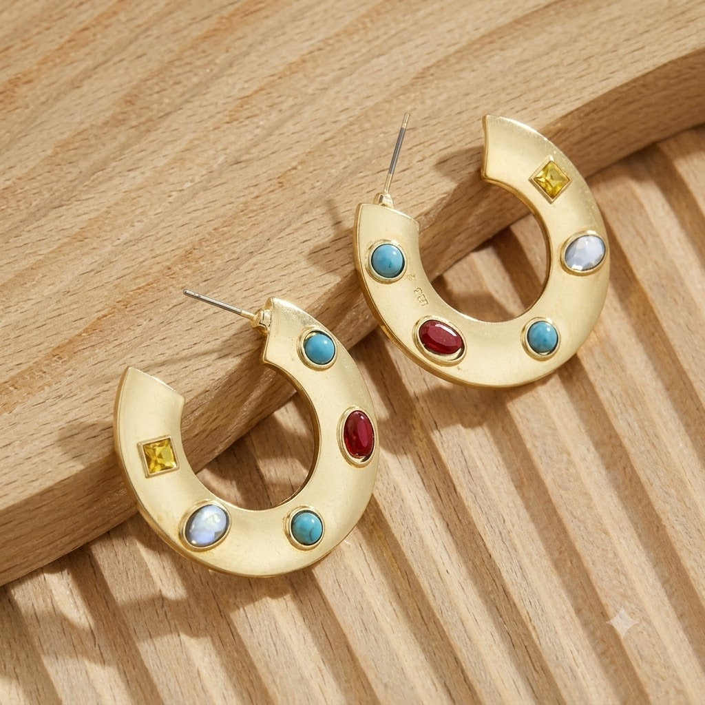 Luxury Gold Plated Multi Color CZ & Enamel Geometric Alloy Hoop Earrings
