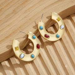 Luxury Gold Plated Multi Color CZ & Enamel Geometric Alloy Hoop Earrings