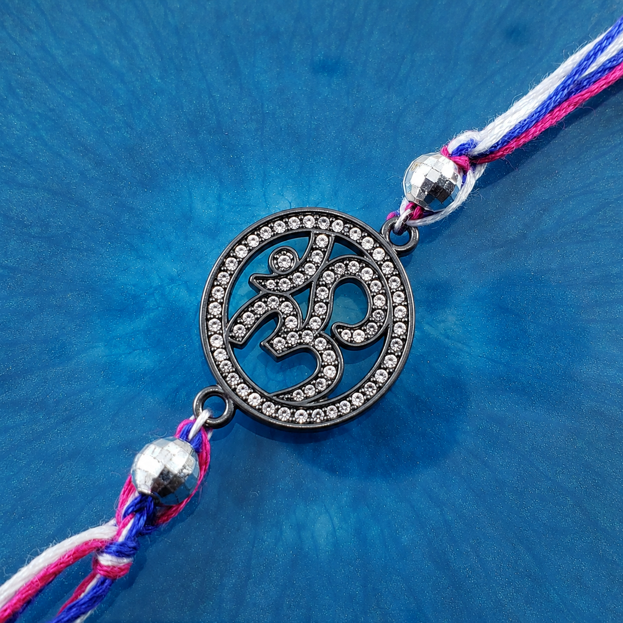 Om Symbol Rakh Black CZ White Blue Pink Thread Rakhi For Men