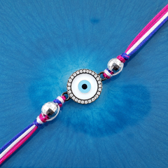 Round Evil Eye Black CZ Beads Pink Blue White Thread Rakhi For Men